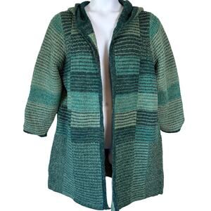 CJ Banks Womens Sz 1X Open Cardigan Sweater Long Hooded Green Striped Boho Chic